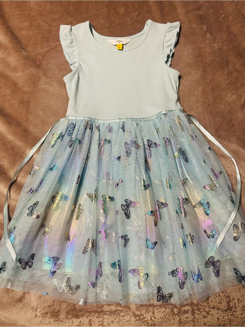 Girls Light Blue Butterfly Tulle Party Dress with Flutter Sleeves